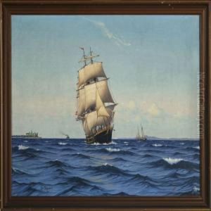 Seascape With Saling Ships And Motor Ship, In The Background Kronborg Castle