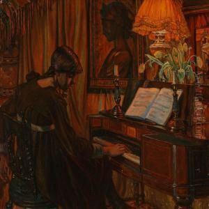 Interior Withartist's Sister Playing The Piano by Mourits Molmark Hansen