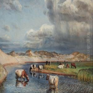 Grazing Cows At A Stream by Niels Pedersen Mols