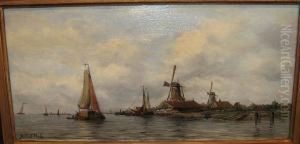 Riviere, Bateaux Et Moulins Dans Un Paysage by Robert Charles Gustave Laurens Mols