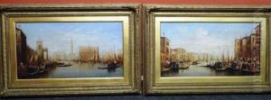 Venetian Canal Scene With Figures Beside Gondolas In The Foreground by Francis Maltino