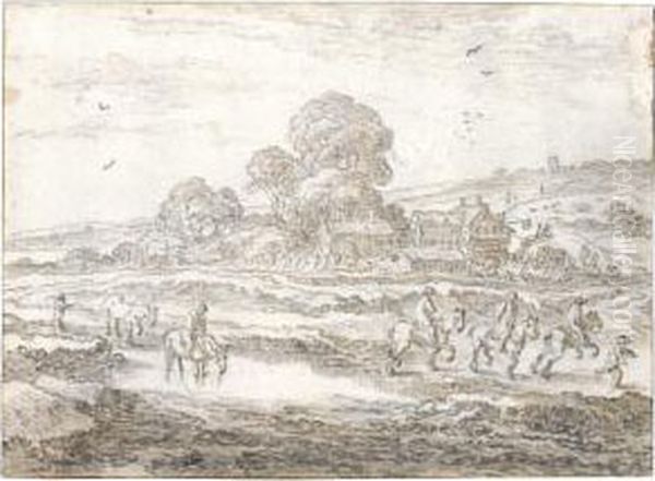 Landscape With Horsemen Near A Pool - view 1