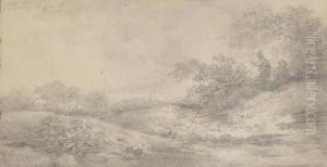 Figures In A Landscape With A Church Spire In The Distance by Pieter De Molijn