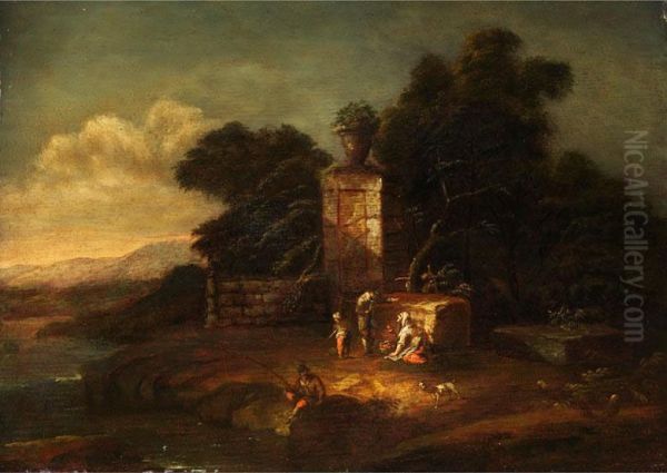 Abendliche Landschaft Mit Figurenstaffage Vor Antikem Steinmonument Mit Steinvase - view 1