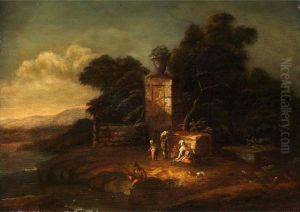 Abendliche Landschaft Mit Figurenstaffage Vor Antikem Steinmonument Mit Steinvase by Pieter De Molijn