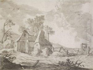 A View Of A Group Of Outbuildings, With A Farmer Grazing Hisanimals In A Field To The Right A View Of A Group Of Outbuildings, With A Farmer Grazing Hisanimals In A Field To The Right