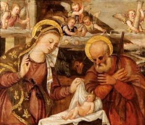 Nativita Con Angeli Recanti I Simboli Della Passione Di Cristo by Luca Mombello