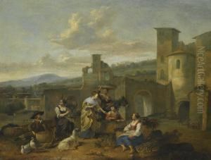 An Italianate Landscape With Vegetable Sellers by Hendrick Mommers