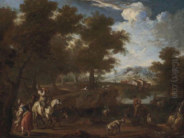 A Wooded River Landscape With Drovers And A Minstrel On A Track - view 1