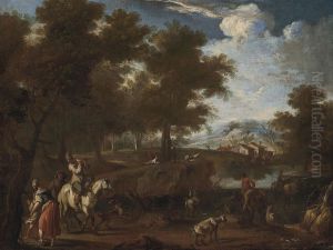 A Wooded River Landscape With Drovers And A Minstrel On A Track by Paolo Monaldi
