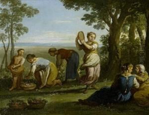 Maidens Picking Flowers In A Woodland Landscape by Paolo Monaldi