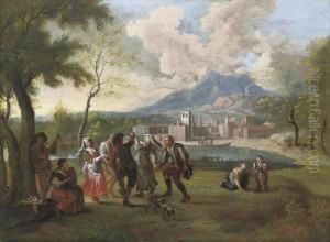 Peasants Music Making And Dancing Beside A Lake, A City Beyond by Paolo Monaldi