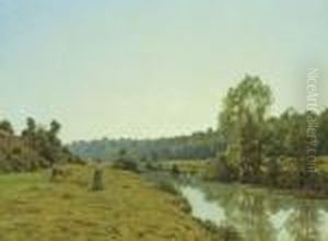 A Woman And Cow In A River Landscape by Jean Ferdinand Monchablon