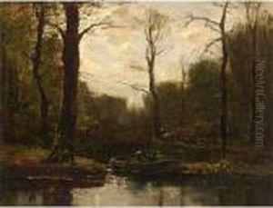 A Forest Pond With A Figure In Boat by Frits Mondriaan