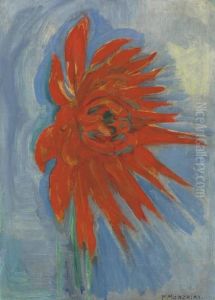 Red Chrysanthemum On Blue Background