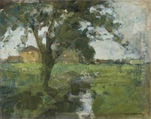 Farm Setting With Foreground Tree And Irrigation Ditch