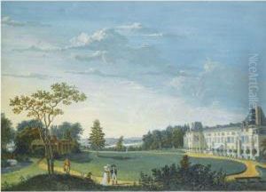 View Of The Gardens And Facade Of The Chateau De Malmaison, Nearparis, With Napoleon And Josephine Strolling In Theforeground by Antoine Pierre Mongin