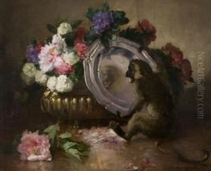 Singe Jouant Avec Un Plat D'argent Pres D'une Vasque Defleurs by Charles Monginot