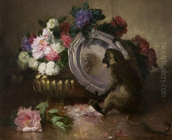Singe Jouant Avec Un Plat D'argent Pres D'une Vasque De Fleurs - view 1