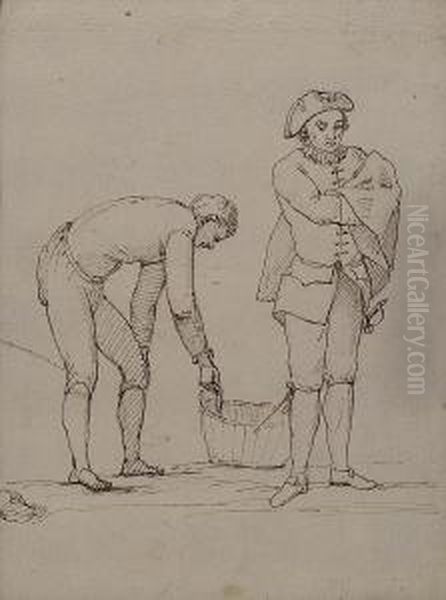 Man With Folded Arms And Another Taking Something From A Bucket - view 1
