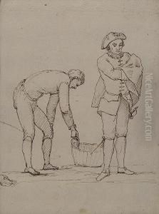 Man With Folded Arms And Another Taking Something From A Bucket