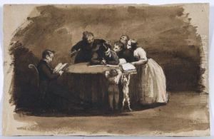 L'ecrivain A Sa Table De Travail Entoure De Sa Famille