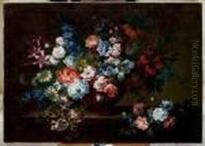 Bouquet De Lys Et Autres Fleurs Dans Un Vase De Porphyre