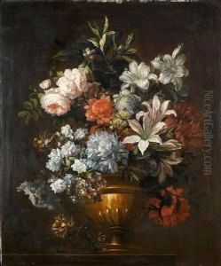 Roses, Honeysuckle, Lilies And Other Flowers In A Classical Urn On A Table Top