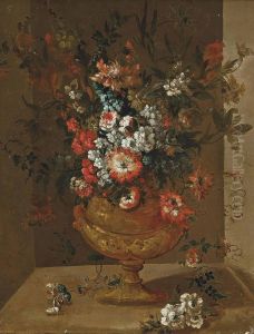 Roses, Carnations, Chrysanthemums And Other Flowers In A Sculptured Urn In A Niche