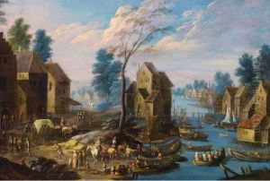 Cavaliers Et Embarcations Dans Un Village Pres D'une Riviere Cavaliers Et Embarcations Dans Un Village Pres D'une Riviere