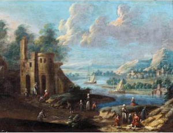 River Landscape With Figures Resting In The Foreground - view 1