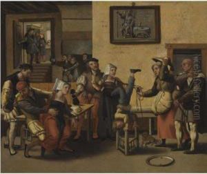 An Interior With An Acrobat, Figures Drinking And Making Musictogether With Children Playing