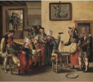 An Interior With An Acrobat, Figures Drinking And Making Music Together With Children Playing by The Brunswick Monogrammist