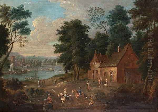 Riders Outside A Country Cottage, A River Landscape Beyond; And Elegant Figures On The Shore Of A Lake, A Mountain Landscape Beyond - view 1