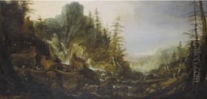 A Mountainous River Landscape With A Waterfall And A Small Village A Mountainous River Landscape With A Waterfall And A Small Village