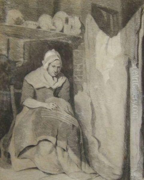 Cottage Interior With Lady Sewing - view 1
