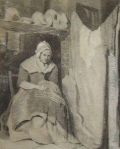 Cottage Interior With Lady Sewing