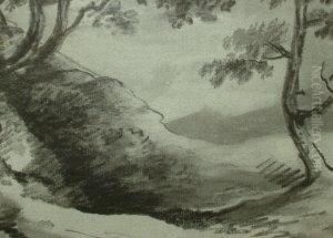 Landscape; Black Chalk On Blue Laid, 17.5x24cm by Thomas Monro