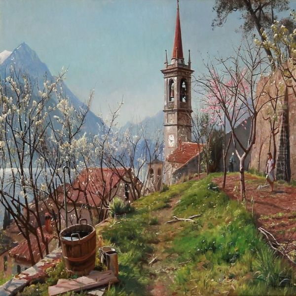 Spring In Varenna In Italy With A Woman Watering A Flower Bed - view 1
