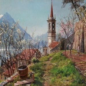 Spring In Varenna In Italy With A Woman Watering A Flower Bed