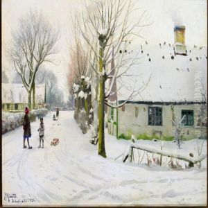 Winter Day In The Village With Children On A Snowy Road