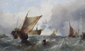 Fishing Boats And A Hulk Off A Headland