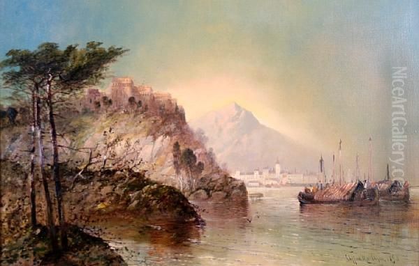 A Continental Lake Scene With A Village On Ahill Top, And Barges Before - view 1