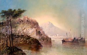 A Continental Lake Scene With A Village On Ahill Top, And Barges Before by Clifford Montague