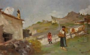 Paesaggio Con Armenti E Contadine by Evasio Montanella