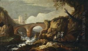 A Mountain Landscape With A Bridge Andfigural Staffage