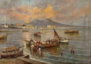 Pescatori Al Tramonto Al Porto Di Napoli by Vincenzo Montefusco