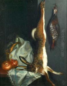 Natureza Morta Com Perdiz, Lebre, Cesto, Panejamento E Cebolas Sobre Uma Mesa by Andre Monteiro Da Cruz