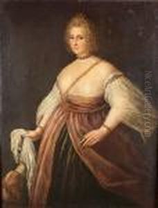 Portrait Of A Lady, Standing Three-quarter-length, In A Black Skirt With A Burgundy Overdress, A Hound At Her Side