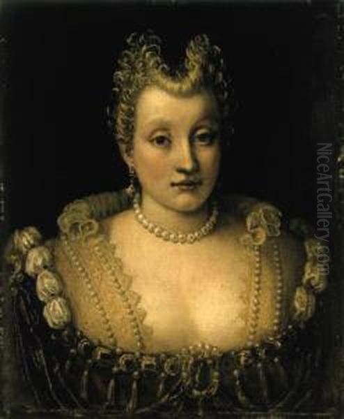 Portrait Of A Lady, Said To Be Of The Contarini Family,bust-length, In An Elaborate Dress With Jewels And A Pearl Necklaceand Earrings - view 1